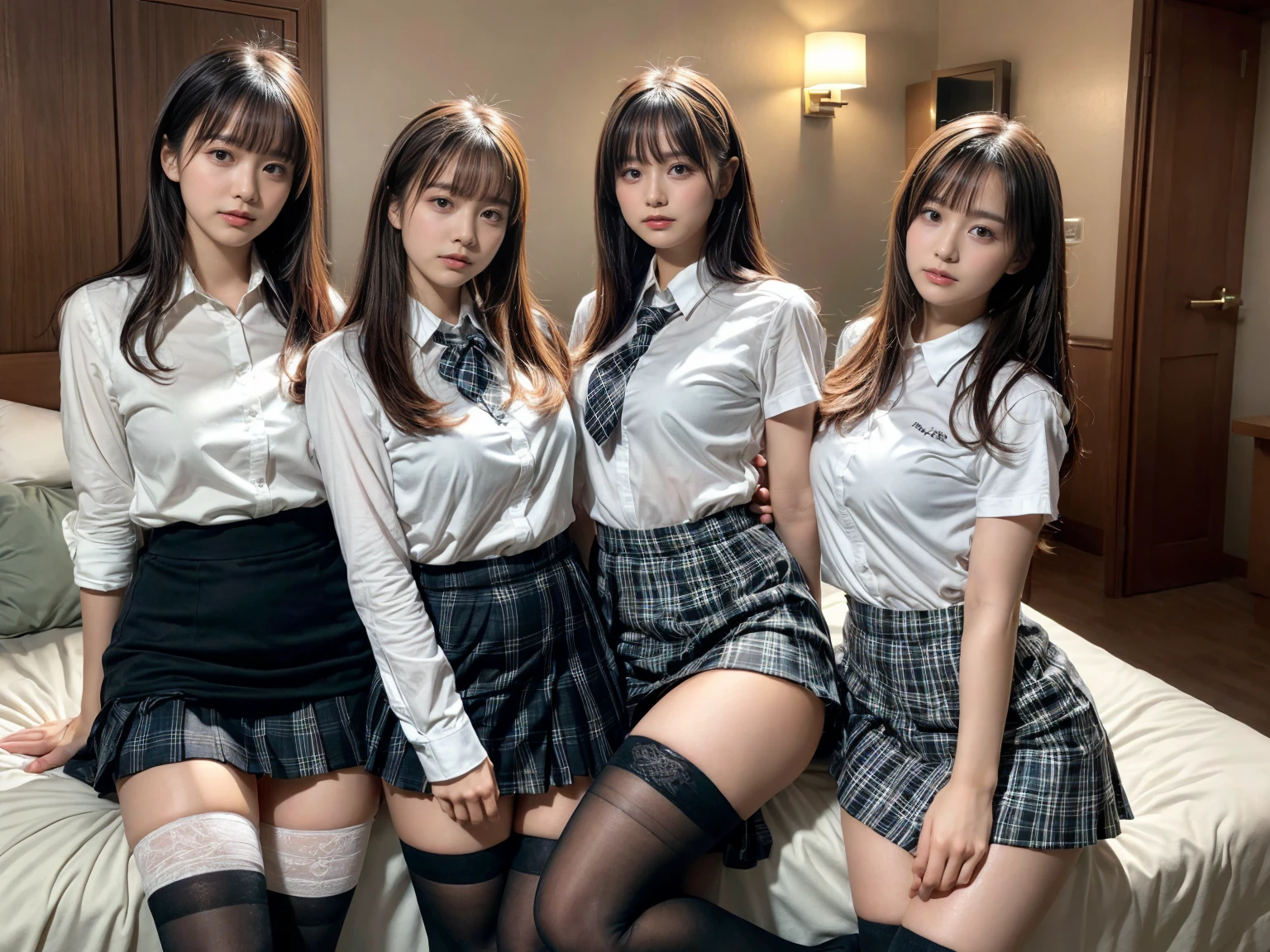 masterpiece, best quality, illustration, Super detailed, fine details, High resolution, 8K,wall paper, perfect dynamic composition,(Details High quality, realistic depiction of eyes:1.3), (3 girls), (white school shirt :1.2), (plaid skirt :1.3), tie black, black thigh-high stockings, sitting, open legs, short bob hair, in a hotel room in the background, deep on field, large breasts, black hair color, Big Natural Color Lip, (perfect body shape), crying a little、Harajuku style、20 year old girl、cute type、beautiful legs, Gravure Idol