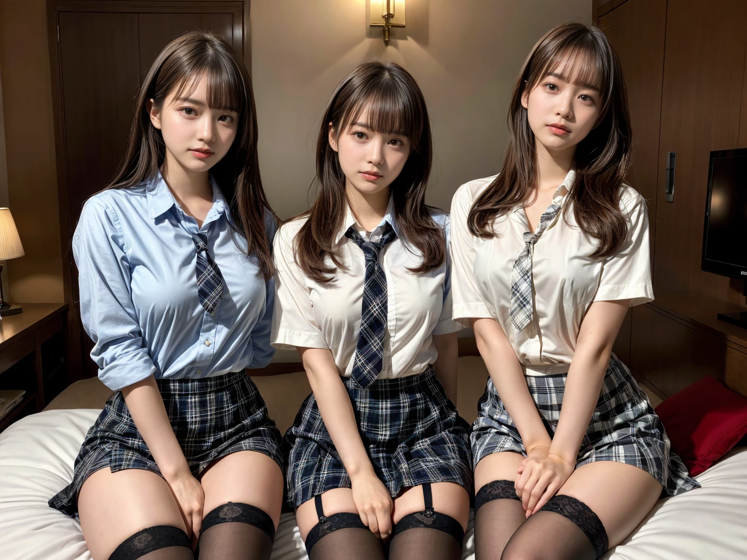masterpiece, best quality, illustration, Super detailed, fine details, High resolution, 8K,wall paper, perfect dynamic composition,(Details High quality, realistic depiction of eyes:1.3), (3 girls), (white school shirt :1.2), (plaid skirt :1.3), tie black, black thigh-high stockings, sitting, open legs, short bob hair, in a hotel room in the background, deep on field, large breasts, black hair color, Big Natural Color Lip, (perfect body shape), crying a little、Harajuku style、20 year old girl、cute type、beautiful legs, Gravure Idol