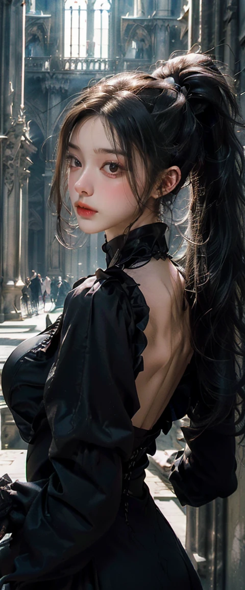 masterpiece, best quality, high resolution, realistic, high resolution, RAW photos, ((The largest Gothic building in Italy, Milan Cathedral))、((1 woman, young woman in gothic dress, detailed face and eyes, beautiful face, ponytail, glowing skin, realistic skin texture, long sleeves, big bust, big ass)), (Gothic fashion is dark, occult, And it's exotic).