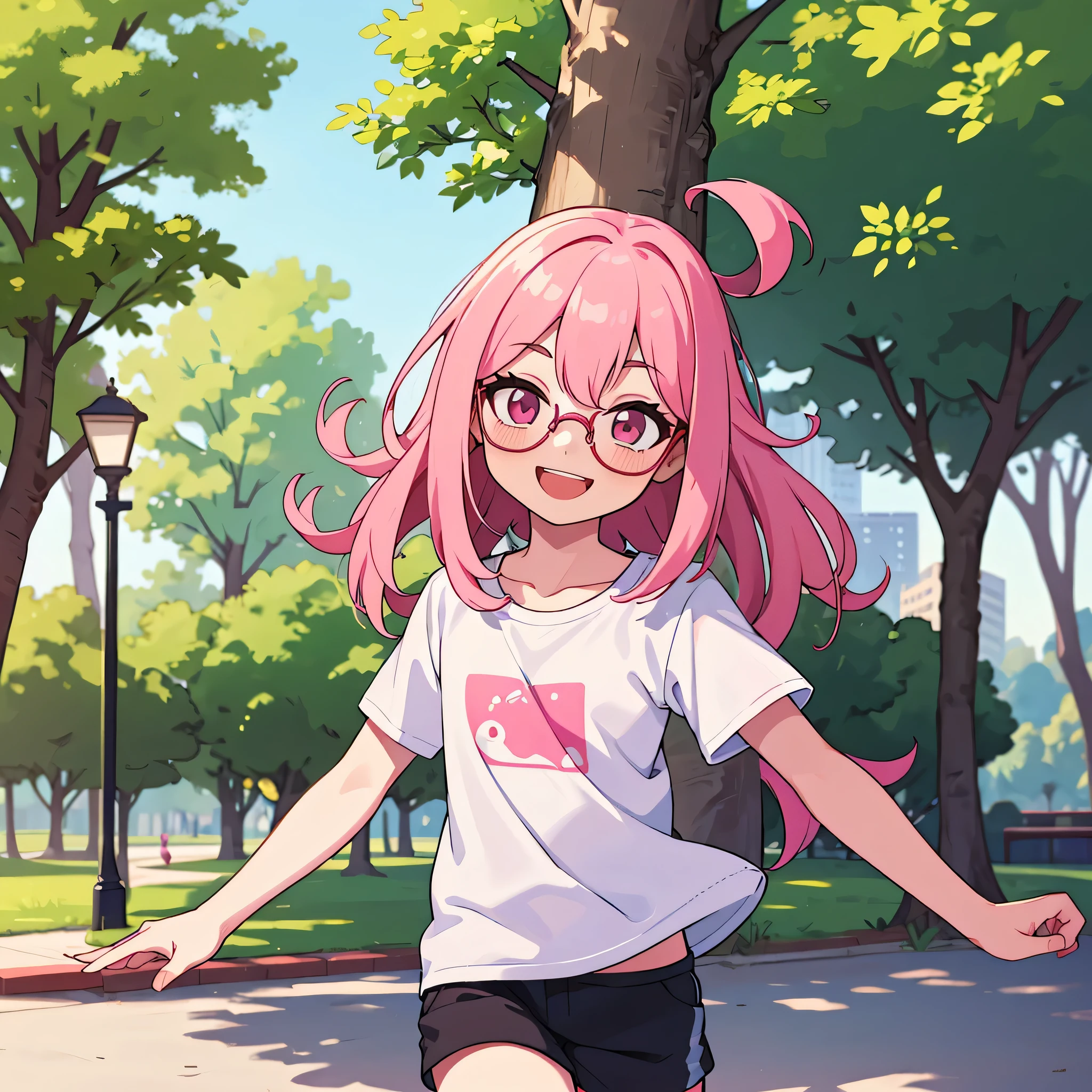 1boy, only one boy, one boy only, flat chest, long pink hair, pink eyes, looking at the viewer, wearing glasses, , feminine face, smile, looks excited, wearing shorts and an oversized shirt, half-body shot, in the park