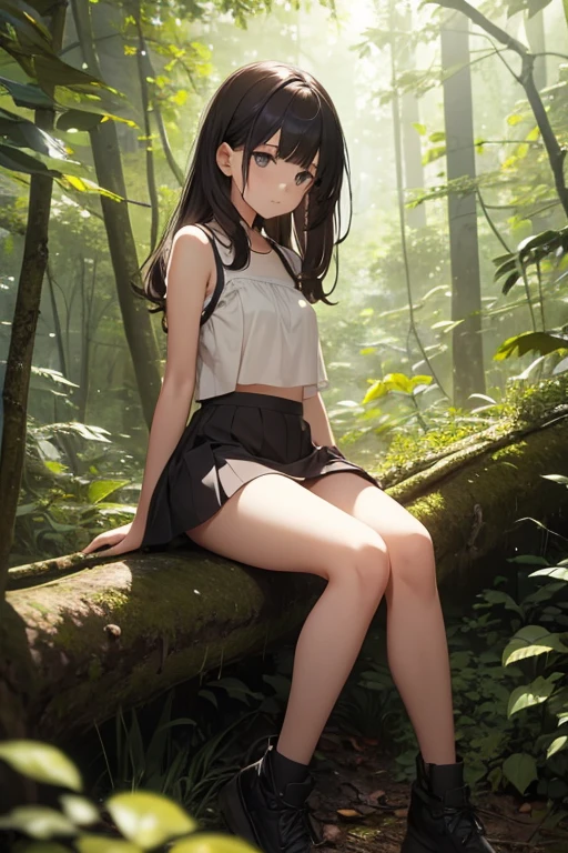 A girl in small top and small skirt in a forest sitting beautifully