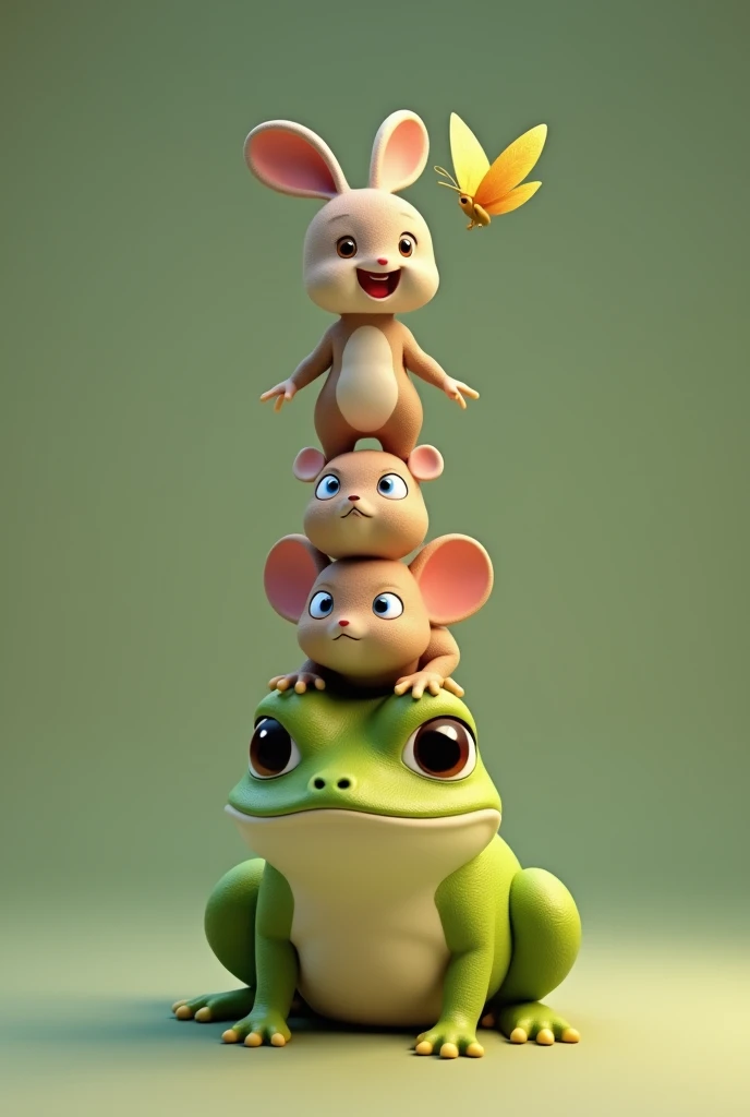 —the baby rabbit, the mouse, the butterfly, and the frog—forming a tower, the frog balancing on its back, and the mouse perched on top of the frog, while the butterfly flutters above, ready to help, um personagem animado, Caractere estilizado, animation style rendering, 3D estilizado, Arnold Maya render, 3 d render stylized, toon render keyshot, Personagem 3D, Personagem 3D, 3d rendering stylized, 3d character render, personagem de desenho animado, Personagem