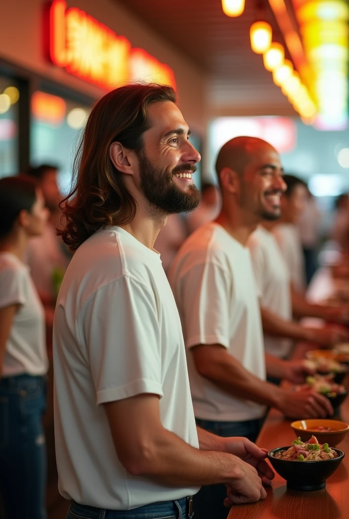 Viewed diagonally from above. Jesus Christ and a Japanese man stand in line at a beef bowl restaurant. They smile happily with wise and benevolent faces. they are shining. Surrounded by rainbow-colored light. A popular beef bowl restaurant in Japan. Jesus of Nazareth is depicted as a gentle, gentle man with shoulder-length hair. His wavy brown hair flows over his shoulders. His face conveys deep wisdom and empathy, radiating warmth and understanding. The other man is depicted as a kind-hearted Japanese man with a Buddha-like shaved head and a gentle, cheerful expression. The faces of Japanese men convey deep wisdom and empathy, and radiate warmth and understanding. They are wearing white T-shirts and jeans. Photography, close-up, highly detailed, trending at the art station, sharp focus, studio shot, intricate details, Greg Rutkowski,