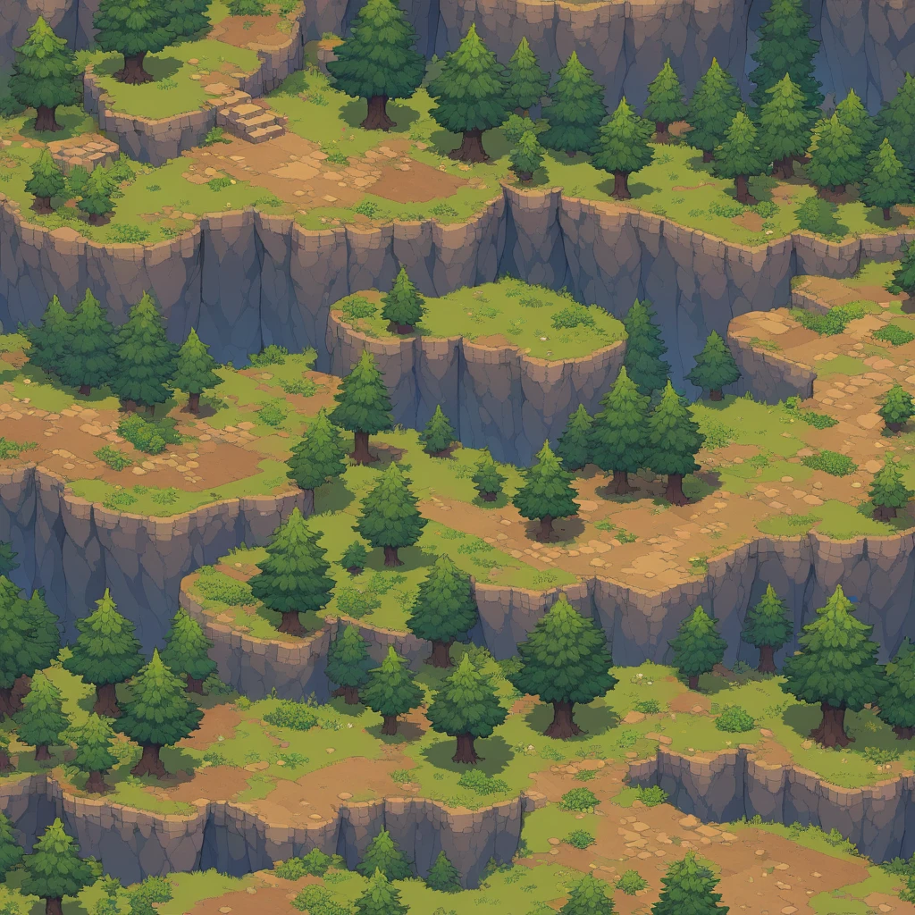 Retro video game style, pixelated, vibrant colors, 8-bit characters, blocky shapes, sharp lines, detailed shading, classic gaming vibe, nostalgic atmosphere, classic arcade games. Masterpiece:1.2, ultra-detailed, illustration style. 2D texture, stone texture, 4K seamless mud texture, video game texture, dirt texture. Game tiles, grass, 3/4th perspective trees, 3/4th perspective tileable rock texture, 3/4th perspective tileable cliff formations, tileable trees, top-down view, tileable texture. Very detailed cliff texture, intricate stones.

Mountain Terrain: Diverse mountain shapes and elevations, including peaks, ridges, and valleys.

Texture Detail: High resolution with intricate details like rocky surfaces, crags, and natural erosion patterns.

Seamless Pattern: Ensure that the edges of the tile seamlessly align with adjacent tiles to create a continuous and coherent mountain range when repeated