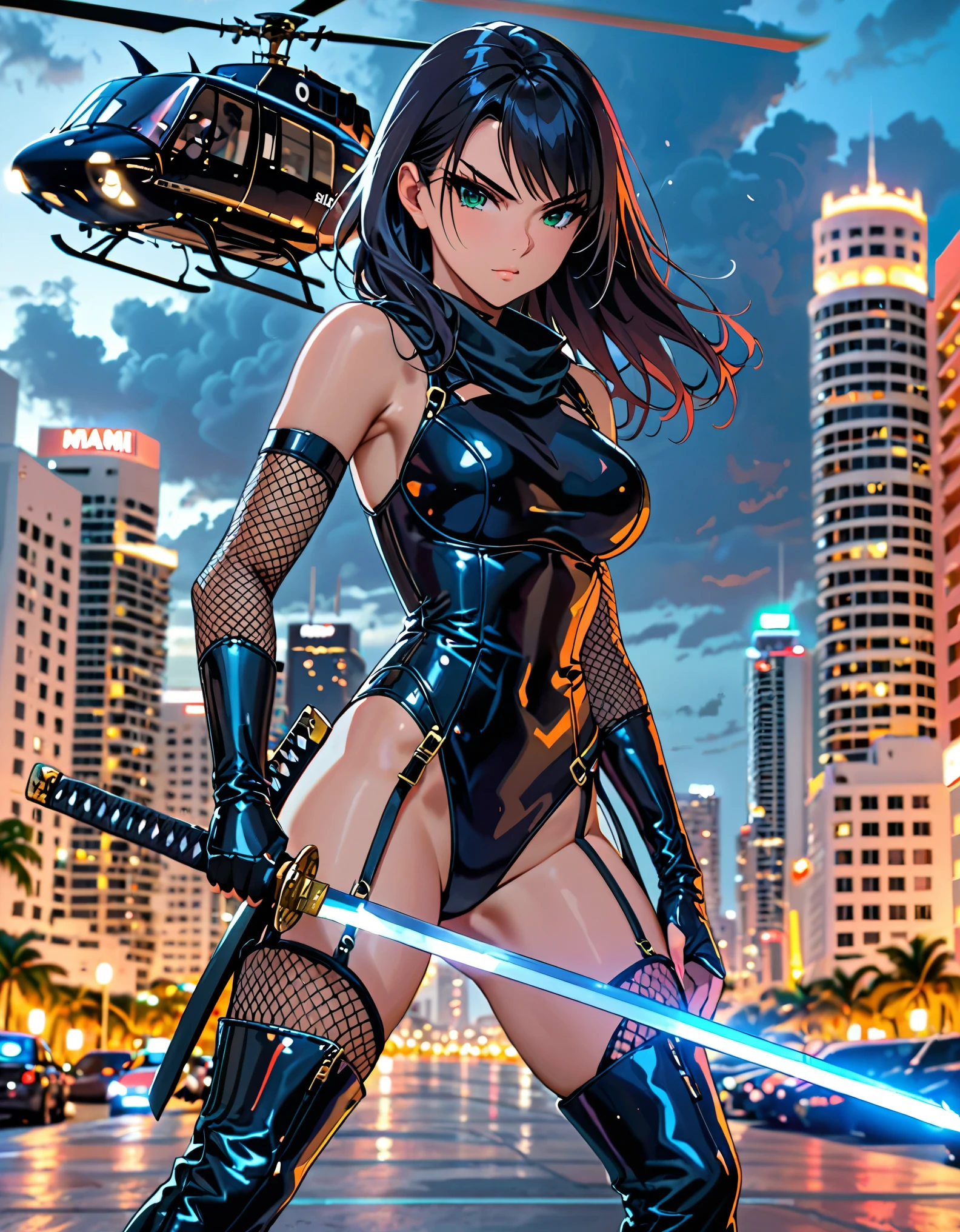 (masterpiece), (best quality), (high res), 1girl, finger proportions coordination, highly detailed, professional, ninja, kunoichi, green eyes, beautiful detailed eyes, beautiful detailed face, perfect hands, complete fingers, (black wristbands), perfect anatomy, perfect proportions, (raven black hair, long hair, swept bangs), (black leotard, matching leotard, fishnets, sleeveless), (bare legs), (boots, matching boots, thigh boots, blue boots), breasts, medium breasts, full body with costume, looking away, (holding sword, katana), dynamic fighting stance, v-shaped eyebrows, solo, solo focus. cowboy shot, miami city backdrop, rooftoop, outdoors, (searchlights), (helicopter). standing. noir atmosphere.