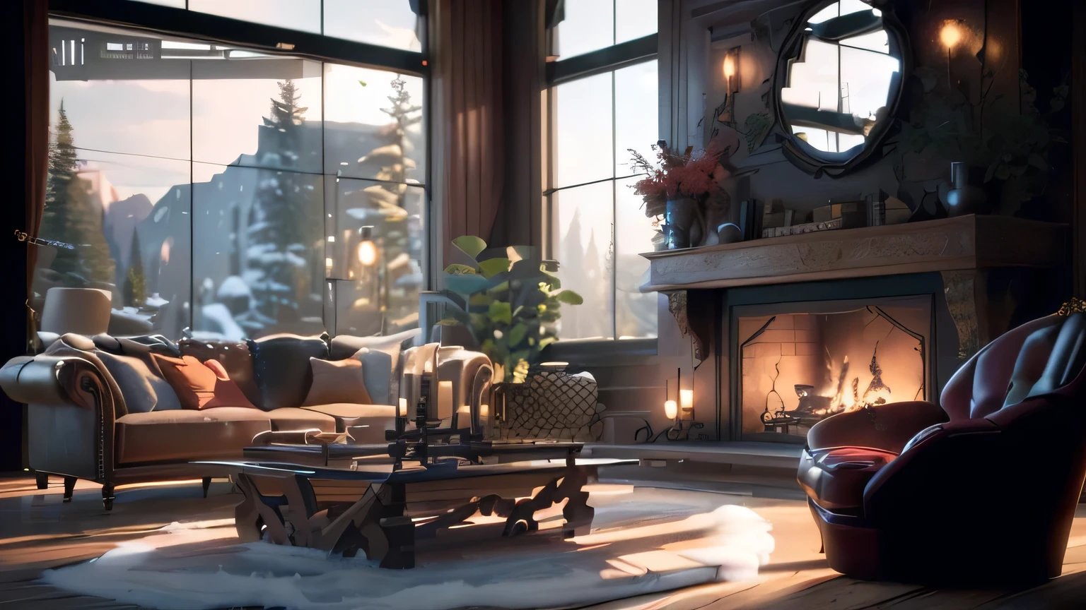 There is a living room with a fireplace and sofa., Advanced Rendering in Unreal 5 Engine, unreal 5 engine rendered, Unreal Engine realistic rendering, unreal 5 engine render, Highly realistic Unreal Engine, Cinematic Rendering Unreal Engine, Unreal Engine Rendering Styles, Detailed Unreal Engine 5 Rendering, Unreal Engine 5 rendered, Realistic Unreal Engine 5, realistic unreal engine 3 d game
