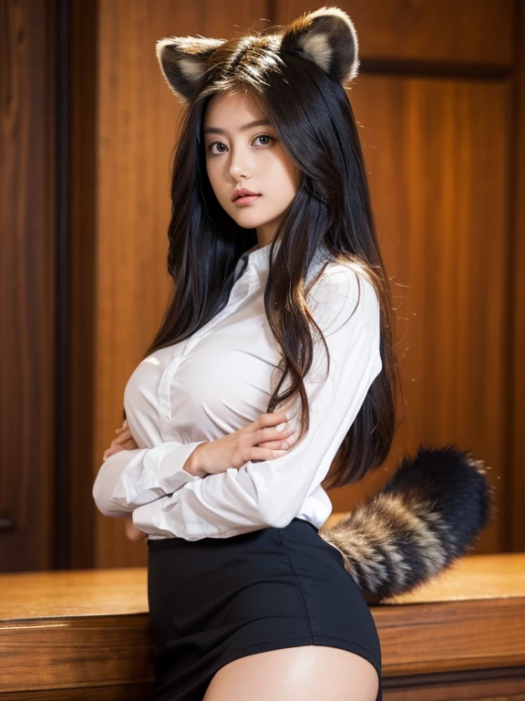 ((Highest quality, 8k)), ((masterpiece)), (Highest Resolution), Perfect Face, Woman with raccoon ears, Female college student, Beautiful woman, public, One tail, she has thick thighs, Big raccoon tail, She has a brown raccoon tail., She sticks out her tail, Troubled face, Fur collar, she is wearing a short skirt, Beautiful Hips , The skirt is rolled up with a big tail, Beautiful panties are visible
