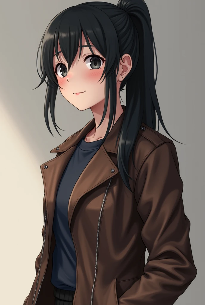 A young Japanese woman wearing a dark brown leather jacket、Long black hair tied in a ponytail。The figure is Rin々It is a bit cute but still has a bit of innocence about it.。