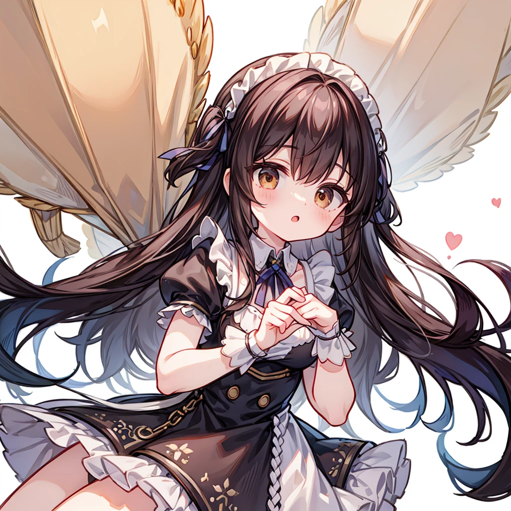 ((masterpiece)), ((best quality)), ((ultra detailed)), cute girl, brown long hair, beautiful brown eyes, maid costume, ribbons, angel wing, 🤍, ((simple white background))