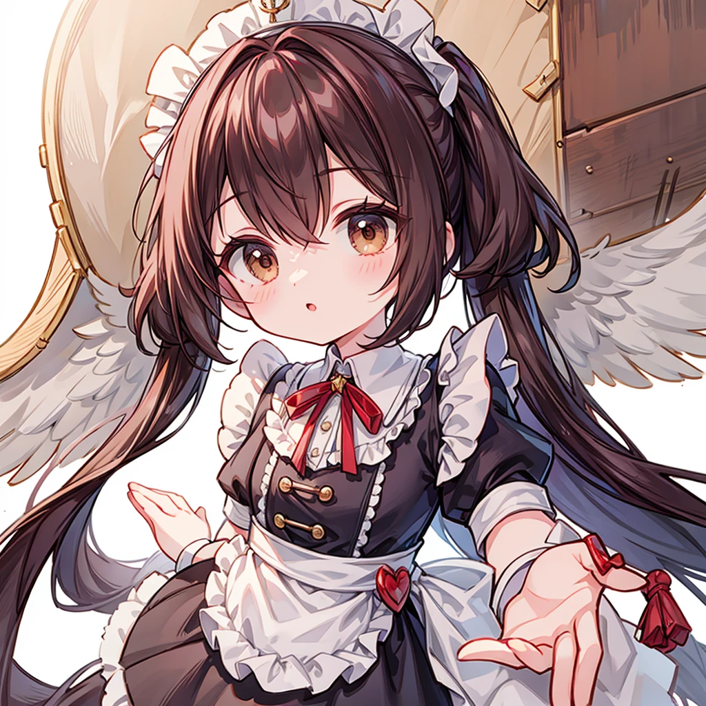 ((masterpiece)), ((best quality)), ((ultra detailed)), cute girl, brown long hair, beautiful brown eyes, maid costume, ribbons, angel wing, 🤍, ((simple white background))