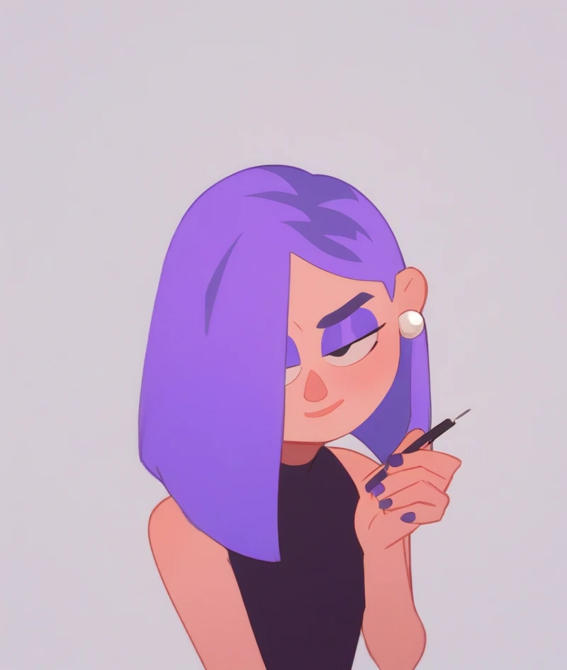 score_9, score_8_up, score_7_up, score_6_up, 1girl, solo, sexy, Lily, LilyDuolingo, girl, light purple hair, hair over one eye, purple nails, thin body, , Girl with a Pearl Earring, filing nails
(vector art:1)