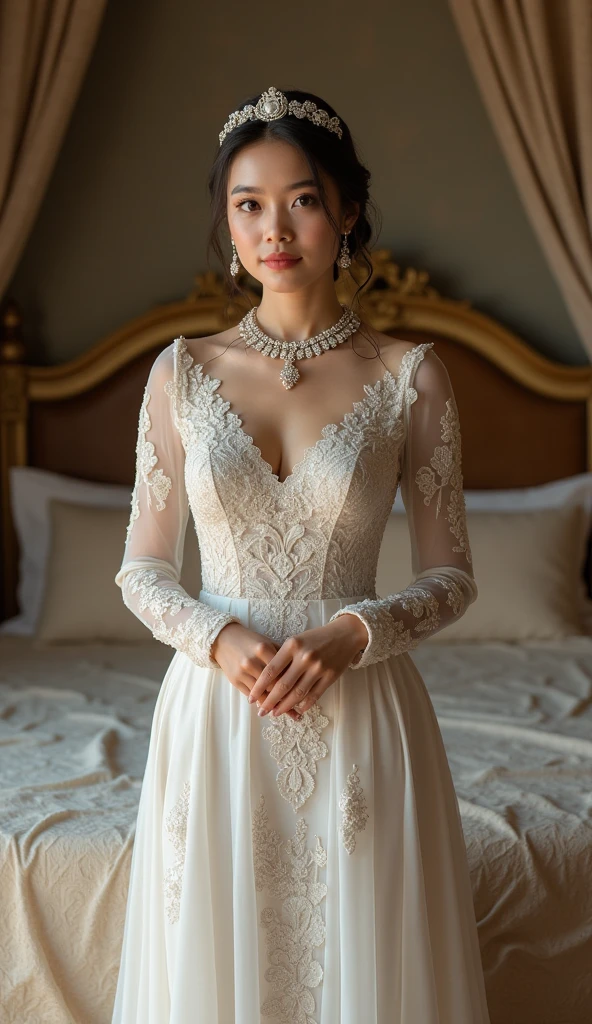 naked malay muslim bride standing full frontal with leg spreading waiting at the bed on her wedding day realistic