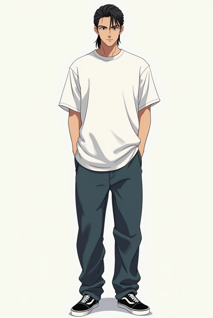 Oversized clothing, plain white t-shirt, thick denim, black VANS sneakers, man, slicked back, center parting, front, full body, anime