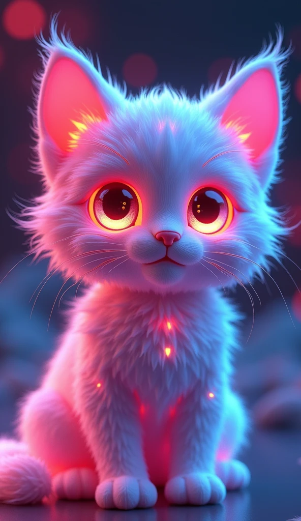 매혹적인 3D rendering은 빛나는 것을 보여줍니다., A very fluffy kitten sculpted entirely from crystal, glowing with vibrant neon colors. This low poly creature looks out of this world, Its big, Glowing low poly eyes that grab the viewer's attention. With a beautiful bokeh background, A glowing cat is the main focus of this piece.., Inspiring wonder and awe. The innovative use of neon hues and low-poly style in this conceptual art design highlights the artist's creativity and innovative approach to 3D rendering, It made it a truly fascinating and unique piece of art..., vibrant, 3D rendering, product, conceptual art, picture