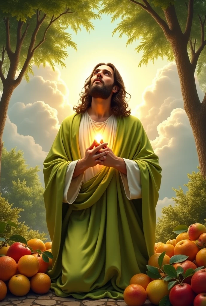 (photorealism:1.2), handsome Jesus Christ, praying kneel under the trees that full of clouds and sorrounded of many fruits, wearing lime king clothes with light in his head and heart spreading all over, perfect five finger, Jesus Christ beautiful hair, outdoors, soft lighting, clouds in background, beautiful sunlight, perfect paradise and clouds, relaxed pose, realistic, intricate details, warm colors,