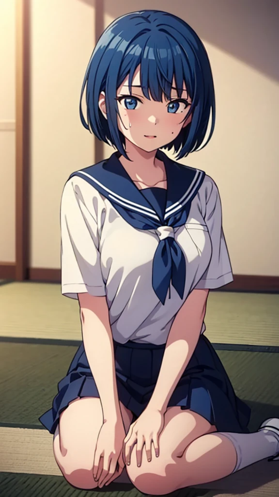 ((masterpiece, Highest quality, Very detailed, Very nice 8K CG wallpaper)), , A little thick, Medium Hair, Blue Hair, short hair, blue eyes,judo player、saylor styled uniform、Large bust、Sailor suit、mini skirt、judo、Cute expression、Inside the judo Gymnasium、、On the tatami、discovery、One Girl、whole body、rest、Haruka Kiritani、Bust Size C Cup、幼い頃judo家によって育てられた、The strongest woman to win the tournament、Nine、The Strongest Woman Who Defeated Bullies、Sweating
