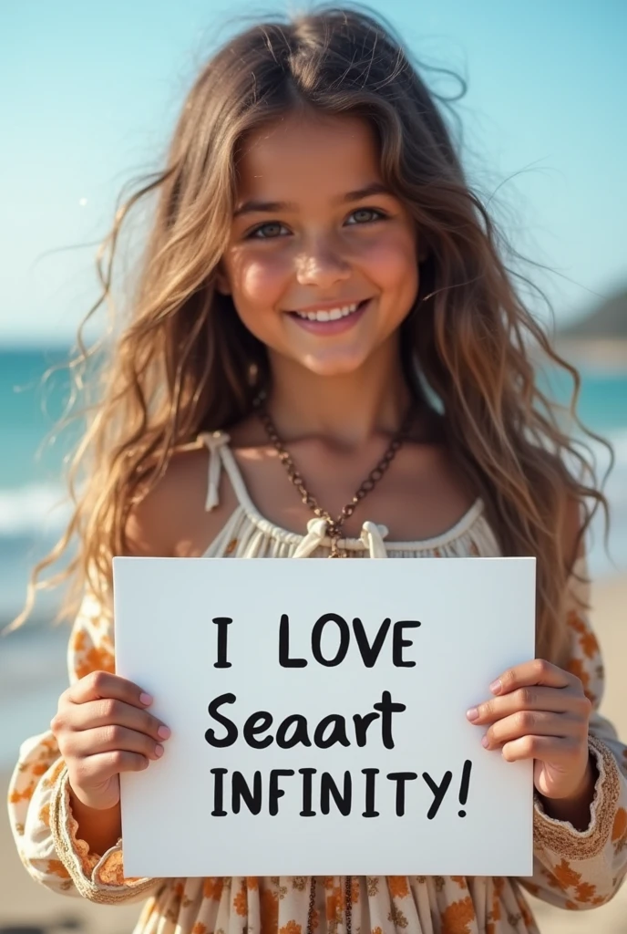 Beautiful girl with wavy long hair, bohemian dress, holding a white board with text "I Love Seaart Infinity" and showing it to the viewer