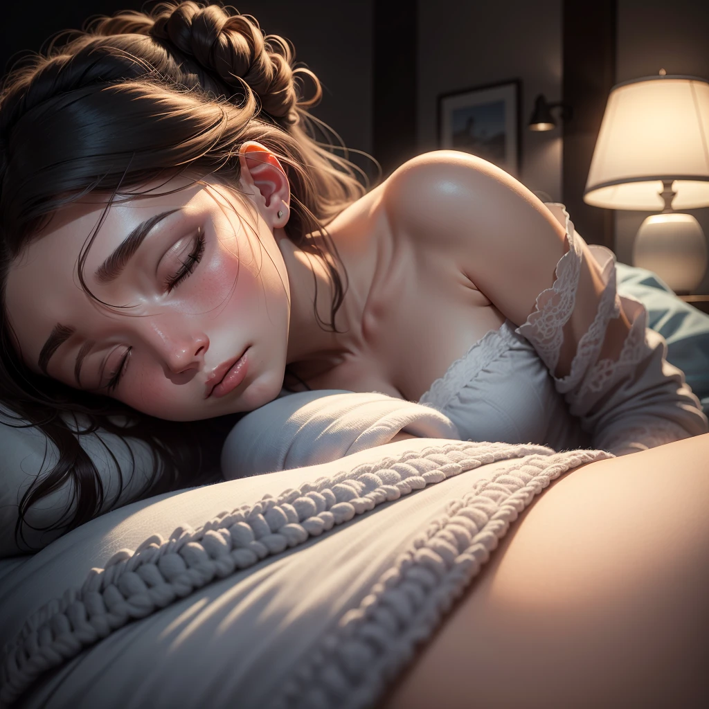 Imagine a cozy bedroom bathed in the soft, warm glow of a bedside lamp. In the center of the scene lies a person, peacefully sleeping on their side, their face illuminated by the gentle light. The bed is made up with plush pillows and a light, airy blanket that adds to the comfort of the scene. The person’s breathing is illustrated by faint, flowing white trails that subtly emerge from their nose and mouth, representing smooth, easy respiration. These trails are delicate, almost like wisps of smoke, adding a touch of magic to the scene. The background is kept intentionally dark, with the surrounding room only hinted at in soft shadows, drawing the viewer’s focus entirely to the sleeping person. The overall ambiance is one of peace and serenity, with a color scheme that blends soft blues, grays, and warm, golden hues. This image is designed to capture the viewer’s attention with its promise of restful, uninterrupted sleep.