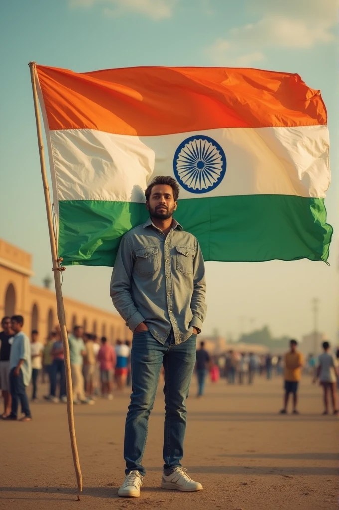 Make an image of Nitin age 21 year but the height little small with the indian flag
