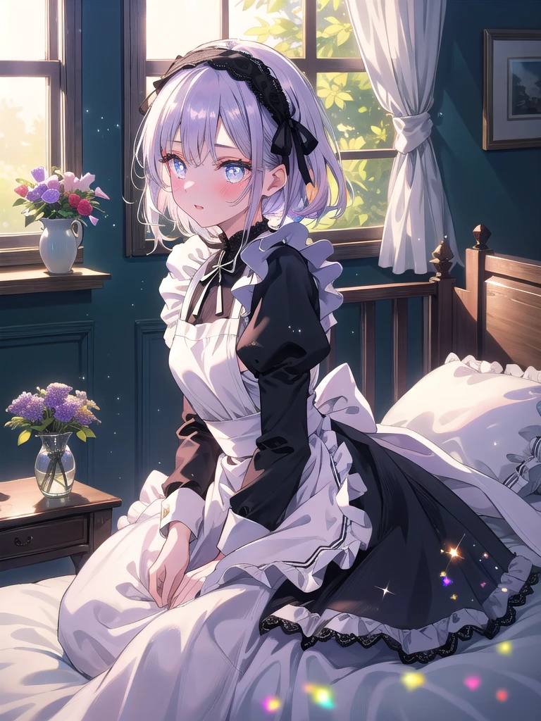 ((8k, Highest quality, masterpiece: 1.3)),Ultra-high resolution,(1 girl, alone), (Color changing eyes, Ultra-detailed, Expressive brilliance, Glitter, Glowing Eyes), Highly detailed eyes, Highly detailed face, Random Hair, ((pastel colour)),A modest young woman with pastel lavender hair styled into a simple braid, sitting cross-legged on her bed in her softly lit bedroom during a quiet afternoon. She is dressed in a sweet yet sexy maid cosplay, wearing a classic black and white maid dress that reaches just above her knees, with a simple white apron and a small lace headband. The camera captures her from a frontal angle as she shyly adjusts the hem of her dress, her expression gentle and slightly bashful. The room is softly illuminated by natural light streaming through the window, with neatly arranged pillows and a small vase of flowers on the bedside table, creating a warm and inviting atmosphere.