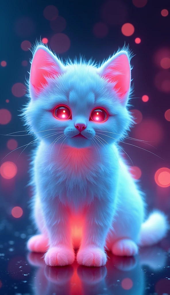 매혹적인 3D rendering은 빛나는 것을 보여줍니다., A very fluffy kitten sculpted entirely from crystal, glowing with vibrant neon colors. This low poly creature looks out of this world, Its big, Glowing low poly eyes that grab the viewer's attention. With a beautiful bokeh background, A glowing cat is the main focus of this piece.., Inspiring wonder and awe. The innovative use of neon hues and low-poly style in this conceptual art design highlights the artist's creativity and innovative approach to 3D rendering, It made it a truly fascinating and unique piece of art..., vibrant, 3D rendering, product, conceptual art, picture