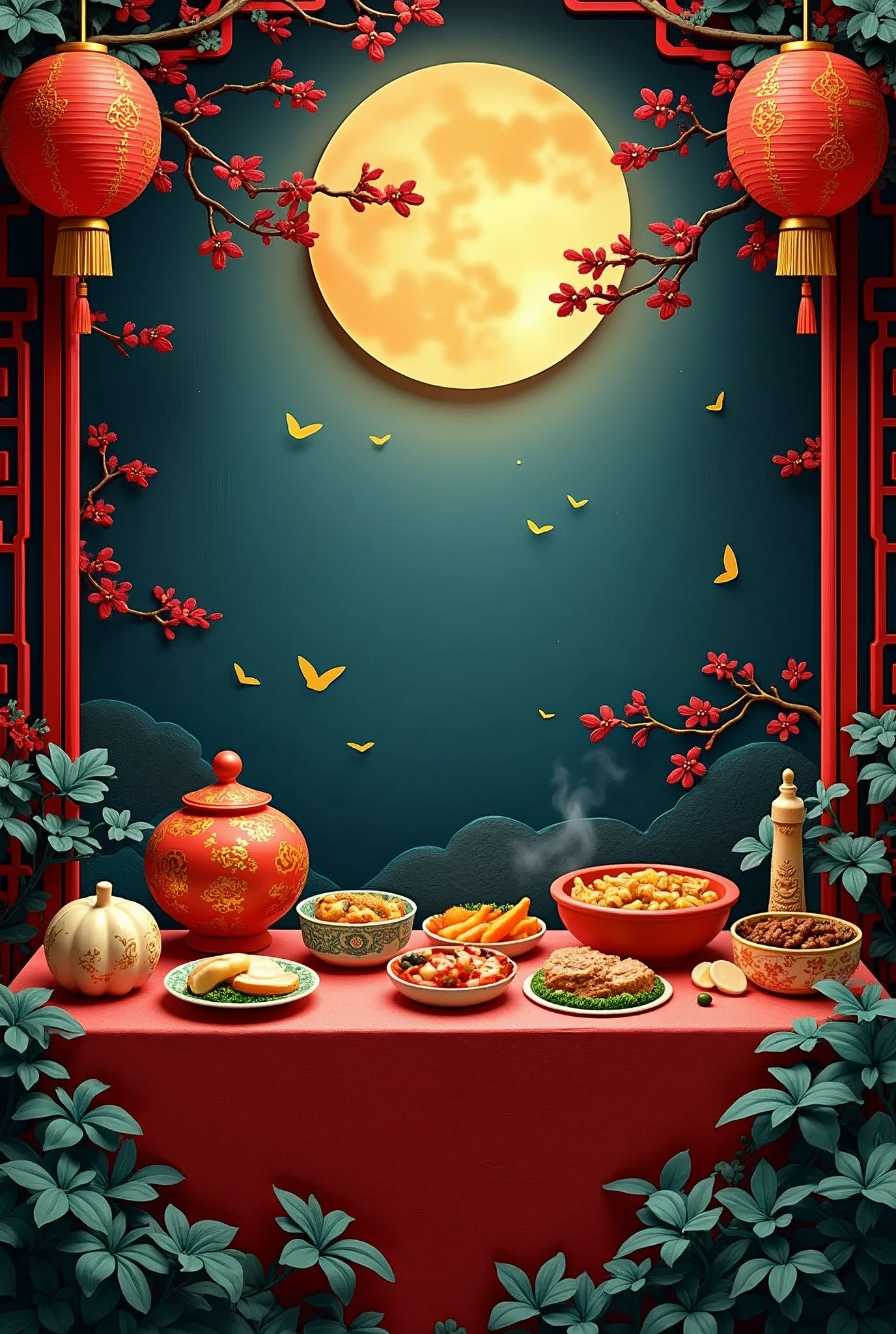 Masterpiece、Three-dimensional paper cutting art、detailed, dark atmosphere, mystery and fantasy background, a paper cut of a table full with traditional chinese food, ancient background