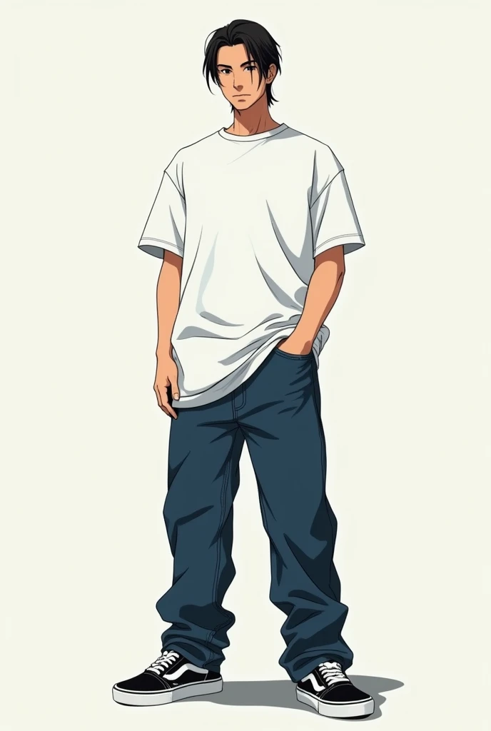 Oversized clothing, plain white t-shirt, thick denim, black VANS sneakers, man, slicked back, center parting, front, full body, anime