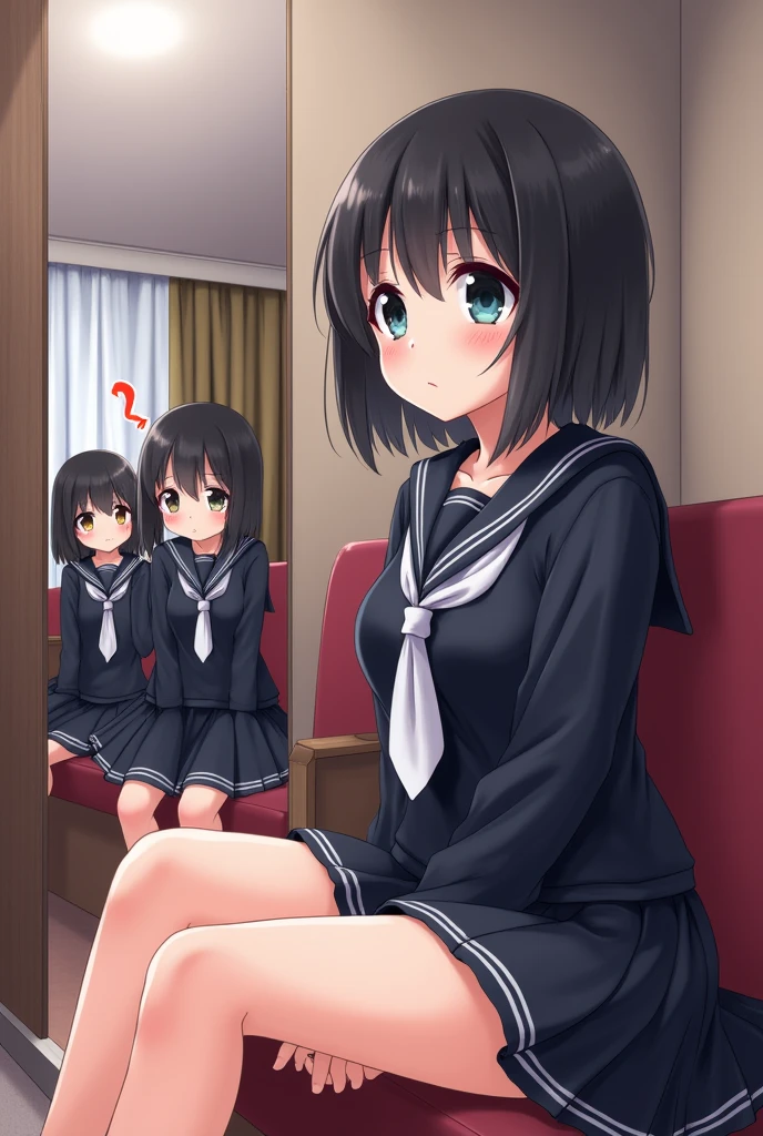 masterpiece, best quality, illustration, Super detailed, fine details, High resolution, 8K,wall paper, perfect dynamic composition,(Details High quality, realistic depiction of eyes:1.3), (3 girls), Black Sailor Uniform, serafuku, Navy pleated skirt, sitting, open legs, short bob hair, in a hotel room in the background, deep on field, large breasts, black hair color, Big Natural Color Lip, (perfect body shape), crying a little、Harajuku style、20 year old girl、cute type、beautiful legs, Gravure Idol, lifting skirts
