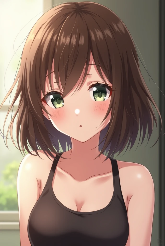 short hair, Brown hair, Breasts, Bright green eyes, earrings, solo, Embarrassment, embarrassed, fangs, bright pupils, blush on the face, blushing, view from above,