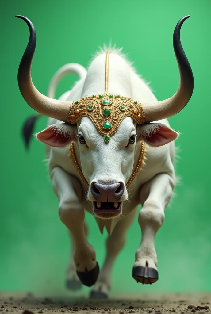 Angry white  bull with long horns and having lots of  gold ornaments, running to dash greenscreen background

