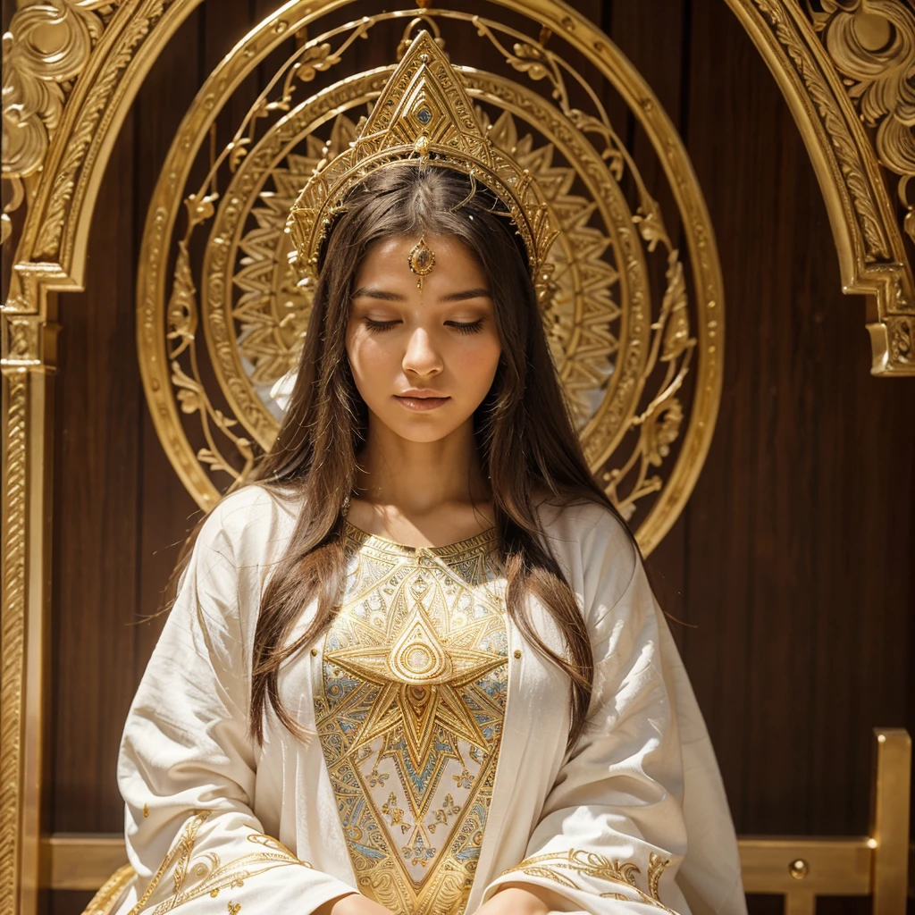 "Embracing Spiritual Challenges: The Path to Inner Growth and Universal Harmony" A beautiful young woman sits in meditation, her long hair cascading down. She is adorned in an exquisitely embroidered white robe with intricate gold patterns. Surrounding her are geometric designs and complex golden Star of David symbols, with some forming a large halo behind her head, background universal vibrations cosmic energy, unconditional love, spiritual awakening,