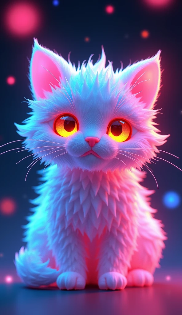 매혹적인 3D rendering은 빛나는 것을 보여줍니다., A very fluffy kitten sculpted entirely from crystal, glowing with vibrant neon colors. This low poly creature looks out of this world, Its big, Glowing low poly eyes that grab the viewer&#39;s attention. With a beautiful bokeh background, A glowing cat is the main focus of this piece.., Inspiring wonder and awe. The innovative use of neon hues and low-poly style in this conceptual art design highlights the artist's creativity and innovative approach to 3D rendering, It made it a truly fascinating and unique piece of art..., vibrant, 3D rendering, product, conceptual art, picture