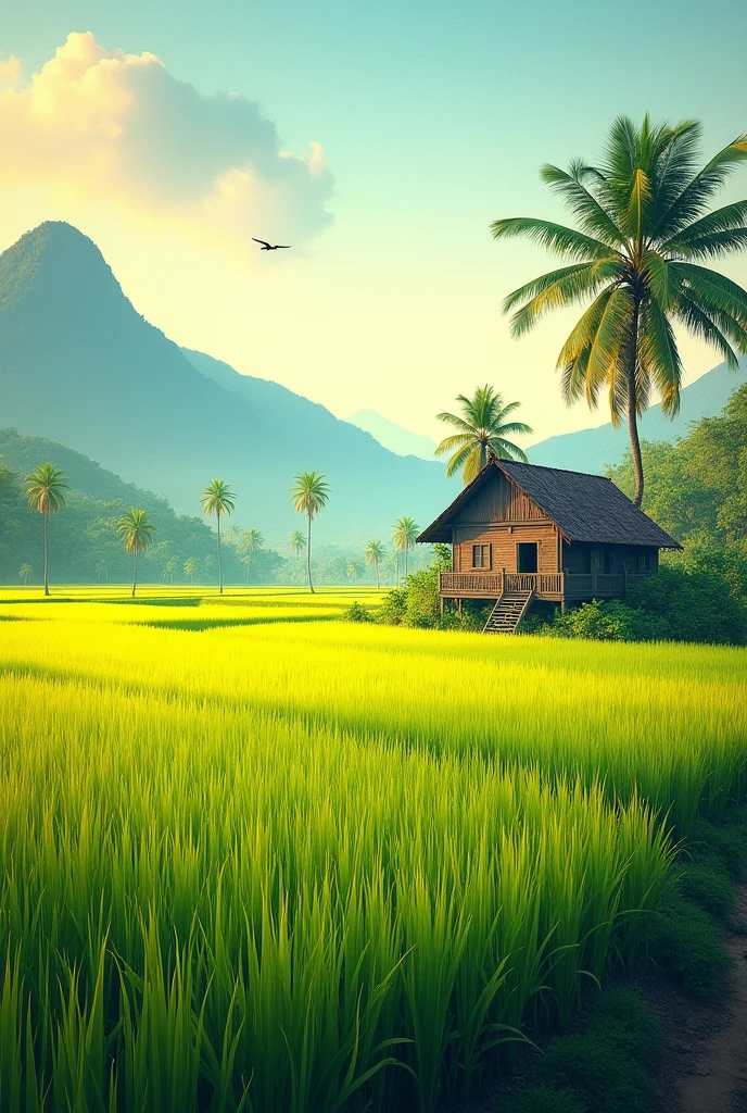 generate a view at paddy field with colour green and yelllow, morning sunrise and mountain as the background, coconut trees with an old wooden house, birds flying, watercolour-art painting, highly-detailed, ultra-sharp, 3d rendering, bright colours, surrealism. 