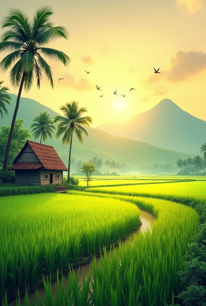 generate a view at paddy field with colour green and yelllow, morning sunrise and mountain as the background, coconut trees with an old wooden house, birds flying, watercolour-art painting, highly-detailed, ultra-sharp, 3d rendering, bright colours, surrealism. 