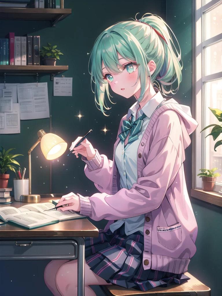 ((8k, Highest quality, masterpiece: 1.3)),Ultra-high resolution,(1 girl, alone), (Color changing eyes, Ultra-detailed, Expressive brilliance, Glitter, Glowing Eyes), Highly detailed eyes, Highly detailed face, Random Hair, ((pastel colour)),A gentle young woman with pastel mint-green hair styled into a simple ponytail, sitting at her desk in her cozy bedroom during a late afternoon. She is dressed in a modest yet charming school uniform cosplay, wearing a knee-length pleated skirt, a plain white blouse, and a soft cardigan. The camera captures her from a side angle as she writes in a notebook, her expression focused and serene. The room is warmly lit by the soft glow of a desk lamp, with a few textbooks, a cup of tea, and a small plant on the desk, creating an atmosphere of quiet study and subtle allure.