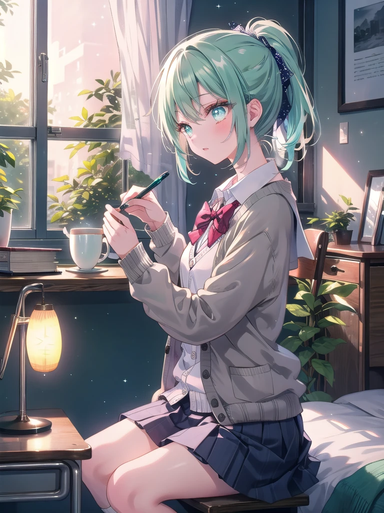 ((8k, Highest quality, masterpiece: 1.3)),Ultra-high resolution,(1 girl, alone), (Color changing eyes, Ultra-detailed, Expressive brilliance, Glitter, Glowing Eyes), Highly detailed eyes, Highly detailed face, Random Hair, ((pastel colour)),A gentle young woman with pastel mint-green hair styled into a simple ponytail, sitting at her desk in her cozy bedroom during a late afternoon. She is dressed in a modest yet charming school uniform cosplay, wearing a knee-length pleated skirt, a plain white blouse, and a soft cardigan. The camera captures her from a side angle as she writes in a notebook, her expression focused and serene. The room is warmly lit by the soft glow of a desk lamp, with a few textbooks, a cup of tea, and a small plant on the desk, creating an atmosphere of quiet study and subtle allure.

