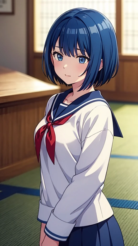 ((masterpiece, Highest quality, Very detailed, Very nice 8K CG wallpaper)), , A little thick, Medium Hair, Blue Hair, short hair, blue eyes,judo player、saylor styled uniform、Large bust、Sailor suit、mini skirt、judo、Cute expression、Inside the judo Gymnasium、、On the tatami、discovery、One Girl、whole body、rest、Haruka Kiritani、Bust Size C Cup、幼い頃judo家によって育てられた、The strongest woman to win the tournament、Nine、The Strongest Woman Who Defeated Bullies