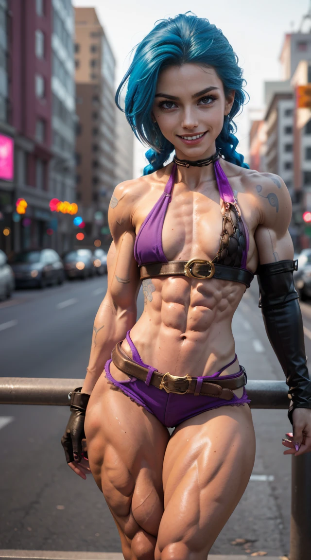 (muscular:2), (thick thighs:2),
(jinxlol), (evil smile, naughty face:1.7), blue hair, long braid, tattoos,
eyeshadow, red lips, earrings,
(small breasts:1.6),
(midriff, purple halter top:1.5), cleavage, (pink shorts), choker, (fingerless gloves:1.2), (belts), (bracelets), bullets,
(looking at viewer:1.3), three quarter view, cropped knees,
(city at night), rim lighting, two tone lighting, dim lighting, bokeh, detailed skin, detailed eyes