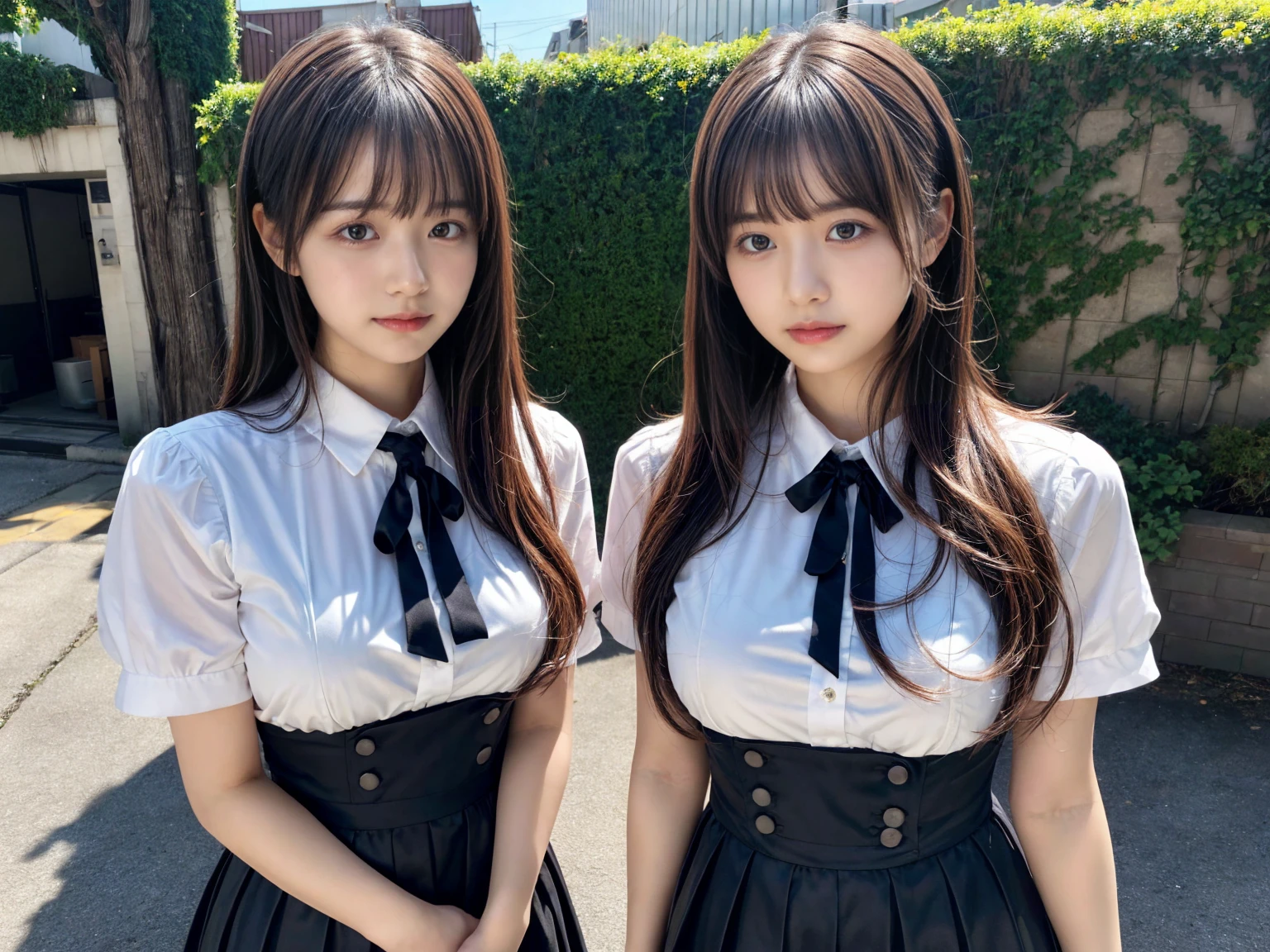masterpiece, best quality, illustration, Super detailed, fine details, High resolution, 8K,wall paper, perfect dynamic composition,(Details High quality, realistic depiction of eyes:1.3), (2 girls),waitress uniform, standings, short bob hair, large breasts, black hair color, Big Natural Color Lip, (perfect body shape), crying a little、Harajuku style、20 year old girl、cute type、beautiful legs, Gravure Idol