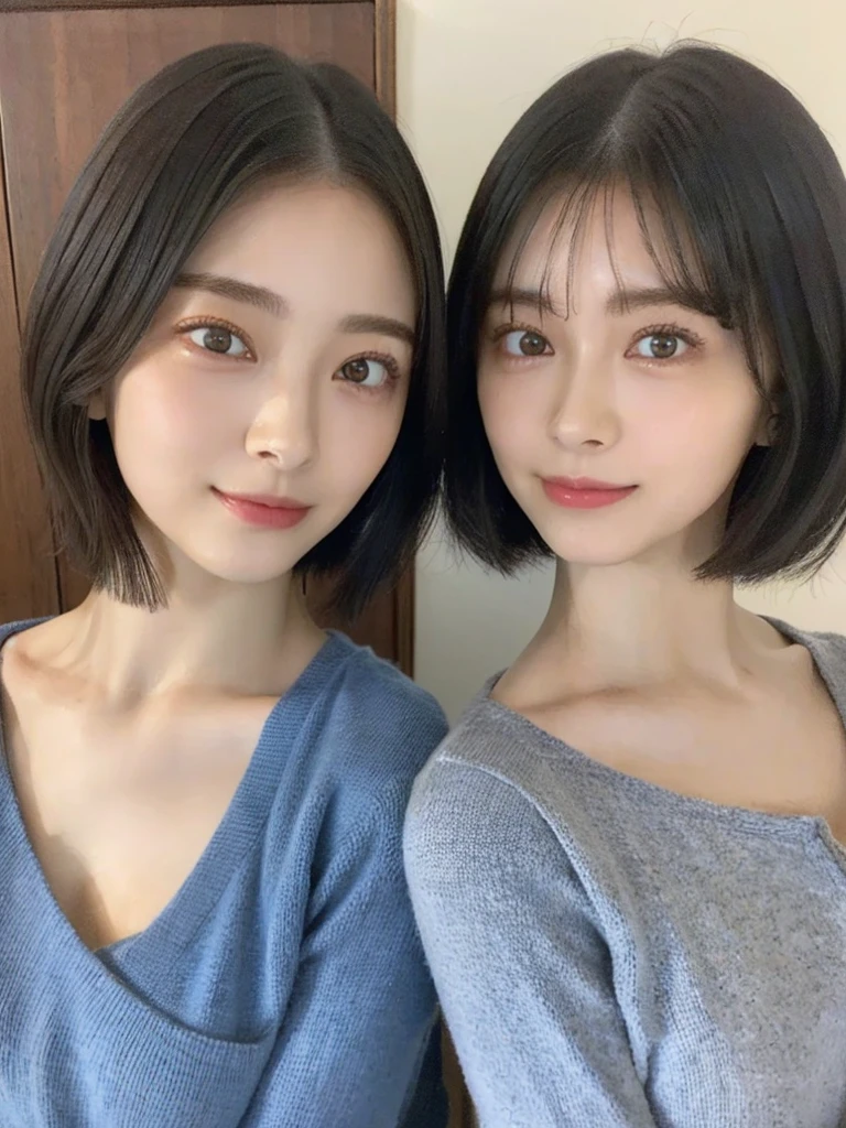 (masterpiece:1.3), (8k, Photoreal, Raw photo, best image quality: 1.4), Japanese high school girl、(random hairstyle:1.2)、cleavage:1.5、super detail face、eye for details、double eyelid、chest to chest、sharp focus:1.2、Beautiful woman:1.4、light brown hair、highest quality、masterpiece、超A high resolution、(Photoreal:1.4)、Highly detailed and professionally lit smiles、loose and light knitwear、shoulder out、thin、serious expression、short haired、deadly position
similar identical twins
All the girls have the exact same face, The two have the same face and figure, as if they were mirror images.