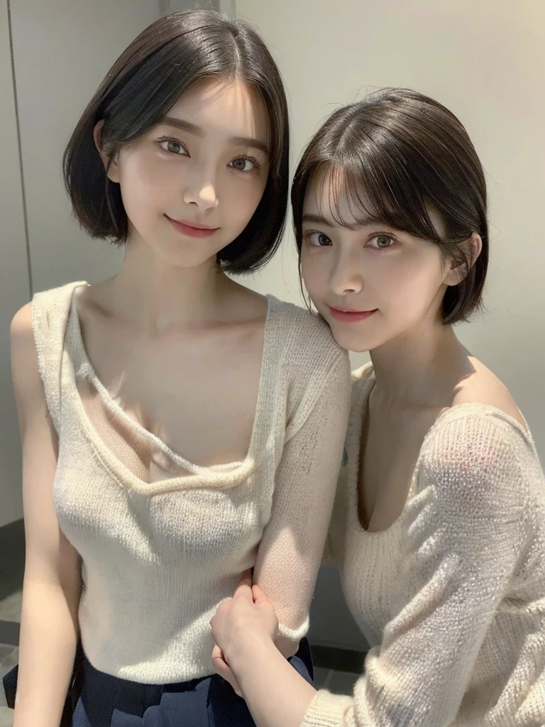 (masterpiece:1.3), (8k, Photoreal, Raw photo, best image quality: 1.4), Japanese high school girl、(random hairstyle:1.2)、:1.5、super ail face、eye for details、double eyelid、chest to chest、sharp focus:1.2、Beautiful woman:1.4、light brown hair、highest quality、masterpiece、超A high resolution、(Photoreal:1.4)、Highly detailed and professionally lit smiles、loose and light knitwear、shoulder out、thin、serious expression、short haired、deadly position
similar identical twins
All the girls have the exact same face, The two have the same face and figure, as if they were mirror images.