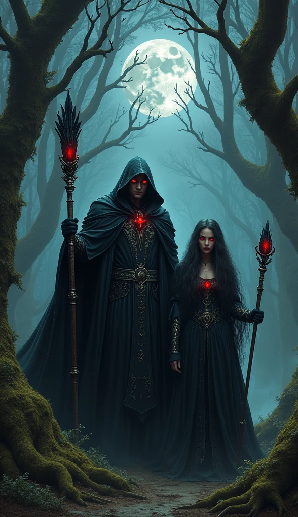 In an ancient, shadowy forest, the Dark Lord and the Dark Witch make their entrance. The Dark Lord, a towering figure cloaked in flowing black robes adorned with ancient runes, stands with a malevolent presence. His eyes glow with a sinister red light, and he wields a massive staff topped with a dark crystal, exuding an aura of pure evil.

Beside him stands the Dark Witch, her long, raven-black hair cascading down her back. She wears a flowing black gown adorned with dark, mystical symbols. Her eyes glow with an otherworldly light as she holds a staff topped with a dark crystal that pulses with ominous energy. The moonlight barely penetrates the dense canopy of ancient, twisted trees, casting eerie shadows on the forest floor.

The scene is enveloped in a dark, mystical atmosphere, with the forest around them seeming to pulse with their dark energy.