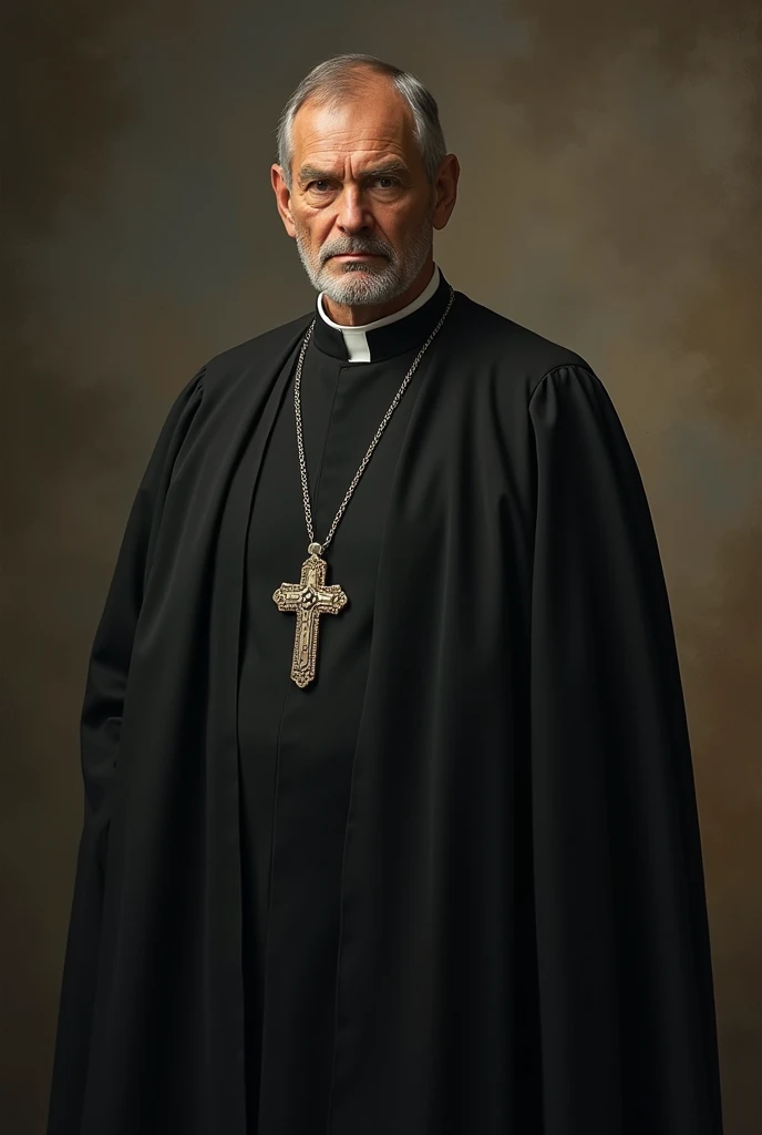 Church missionary society pastor, wearing a black robe with a cross on his neck