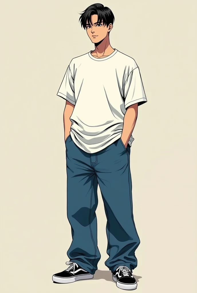 Oversized clothing, plain white t-shirt, thick denim, black VANS sneakers, man, slicked back, center parting, front, full body, anime, high school age