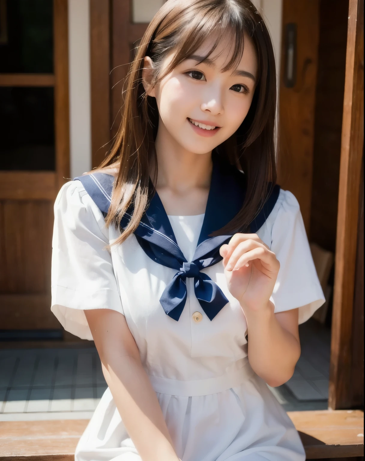 Highest quality, Face Focus, Soft Light, Ultra-high resolution, (Realistic:1.4), RAW Photos, 1 Japanese girl, alone, cute, (pupil, Light in your eyes), Hands down、Facing forward and looking at the viewer、Laughing with mouth open、(Short-sleeved sailor suit)、Beautiful face in every detail, (Small box),(High resolution detail of human skin texture), (Long Hair), My chest is slightly swollen、indoor, Damask Shirt Dress, (Portraiture)
