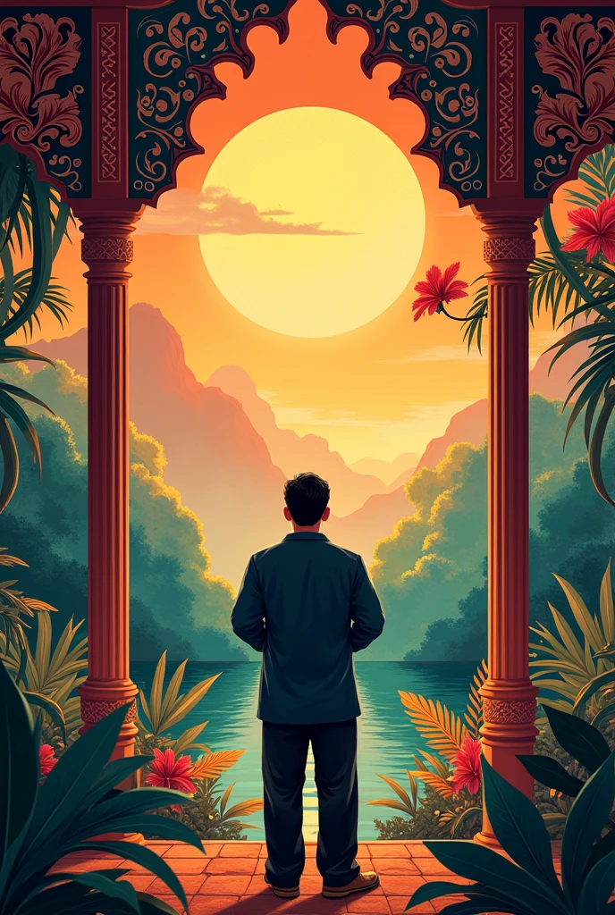 Create a background for an infographic themed "Indonesian writer".
Male character with his back turned and include many elements themed Indonesian art