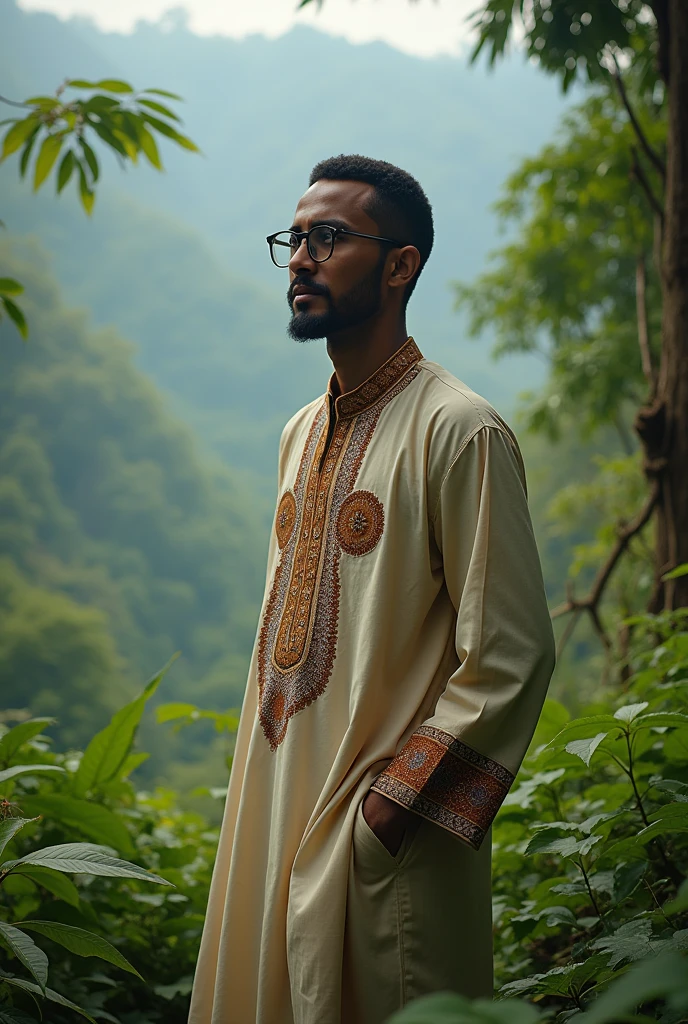 A smart young Islamic scholar is standing in the most beautiful spot in Bandarban, striking a stylish pose. He has a modest beard and short hair, without a cap. He wears simple glasses and is dressed in a Bengali panjabi... look like masterpiece... Pic has detailed