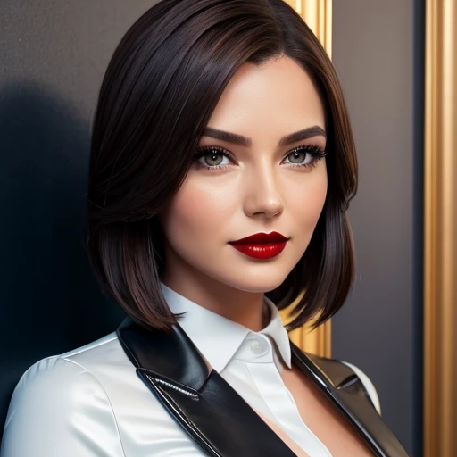 create a hyper realistic vertical photo of the most attractive happy woman in her 30s., in a blue leather business suit with very large breasts, 36d, quit (Long Bob) Brown hair, trending on artstation, portrait, Digital art, modern, smooth, very detailed, formal, definite, CEO, painted, smooth, charming, cute, soft smile, Dark red lipstick, soft lips, black eyes