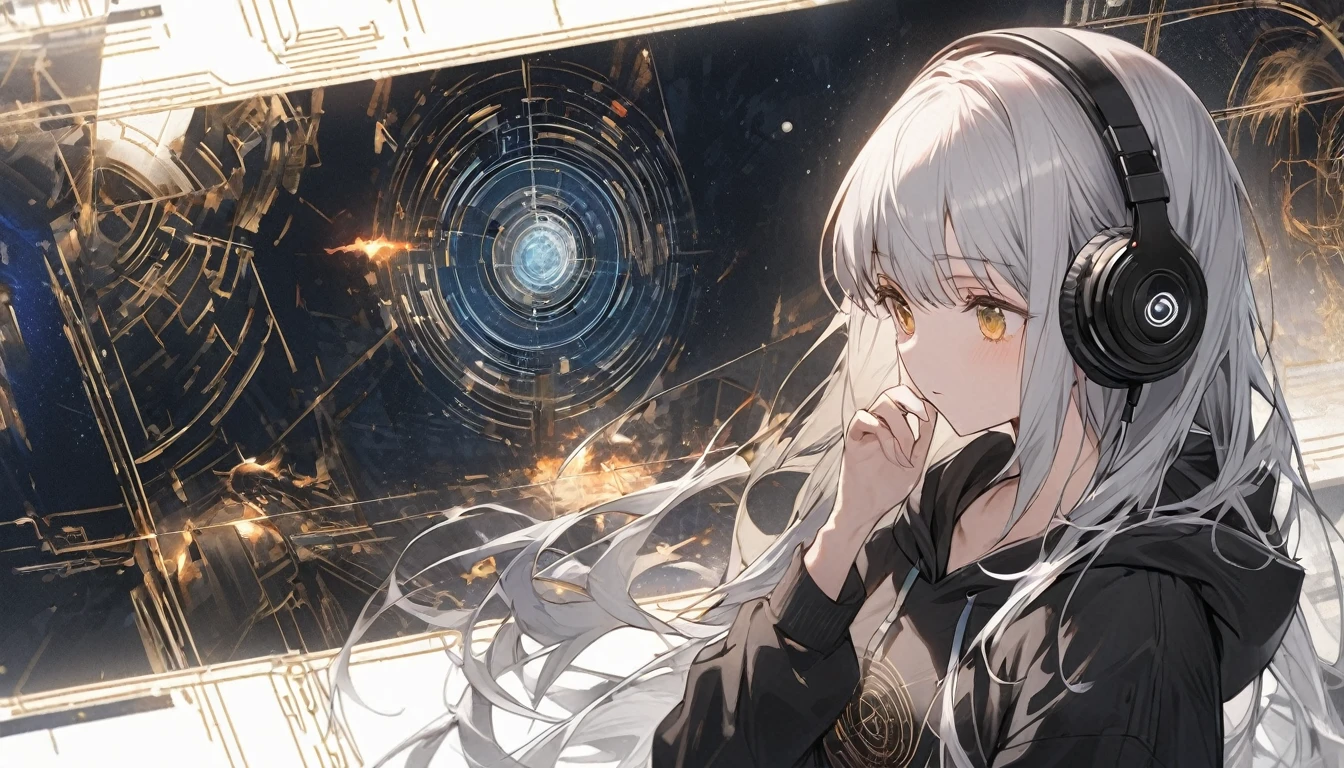 A woman operates a transparent touch panel monitor in the space in front of her face、Silver Hair、Semi-long hair、Put on some cool headphones,{{{{{{{{ Oversized black hoodie }}}}}}}},Beautiful and delicate golden eyes,thought,Black clothes, Detailed Background, Golden Ratio, High resolution burning, 