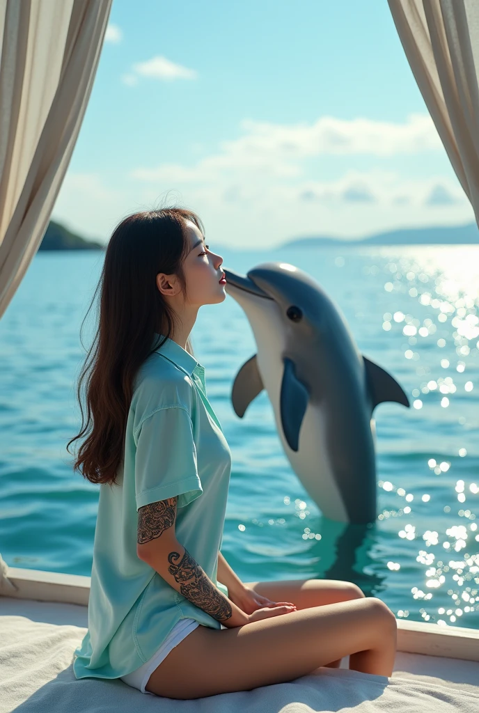 a young korean woman, with rose and tribal tattoos on her arms and long brown hair.candy blue silk shirt, white shorts.sitting on the deck of a sleek sailboat with the curtains open,seems to be kissed by a dolphin. The background shows a calm sea view with clear blue water with the reflection of the afternoon sun., thin cloud, and views of the land in the distance.afternoon sky atmosphere.